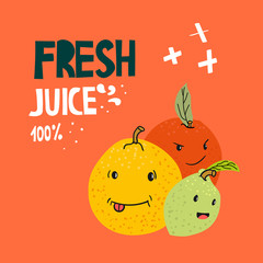 Orange juice flat hand drawn vector illustration, stylized lettering