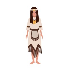 American Indian woman in national ethnic clothes or traditional tribal costume decorated by fringe
