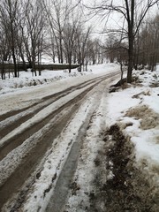 Frozen road in the winter forest landscape. Stone fence and road track in early spring