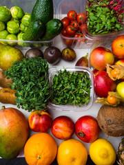 Healthy food clean eating selection: fruit, vegetable, superfood, greenery sprouts copy space
