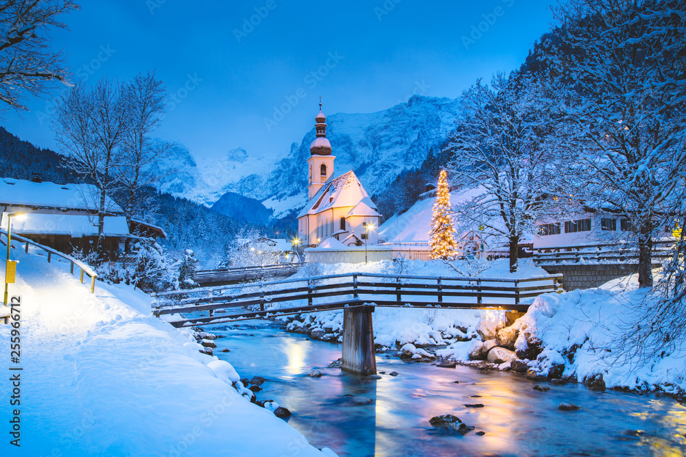 Wall mural Church of Ramsau in winter twilight, Bavaria, Germany