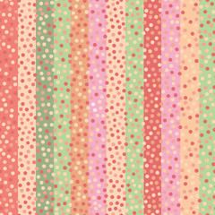 Modern hand drawn confetti dots on multicolor striped background in soft tropical colours. Bright seamless vector pattern. Great for wedding, wellbeing, organic, beauty, spa, giftwrap, stationery.
