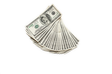 fan of hundred dollar bills isolated on white background