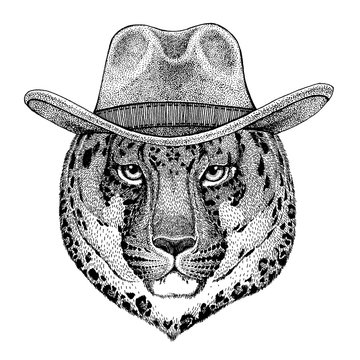Panther, Puma, Cougar, Wild cat, leopard, jaguar wearing cowboy hat. Wild west animal. Hand drawn image for tattoo, emblem, badge, logo, patch, t-shirt