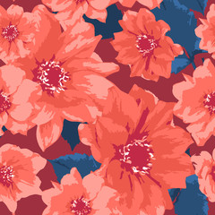 Blooming dahlia seamless pattern. Design of abstract flowers on a dark. Floral background for textile, fabric, wallpapers, covers, print, decoupage.