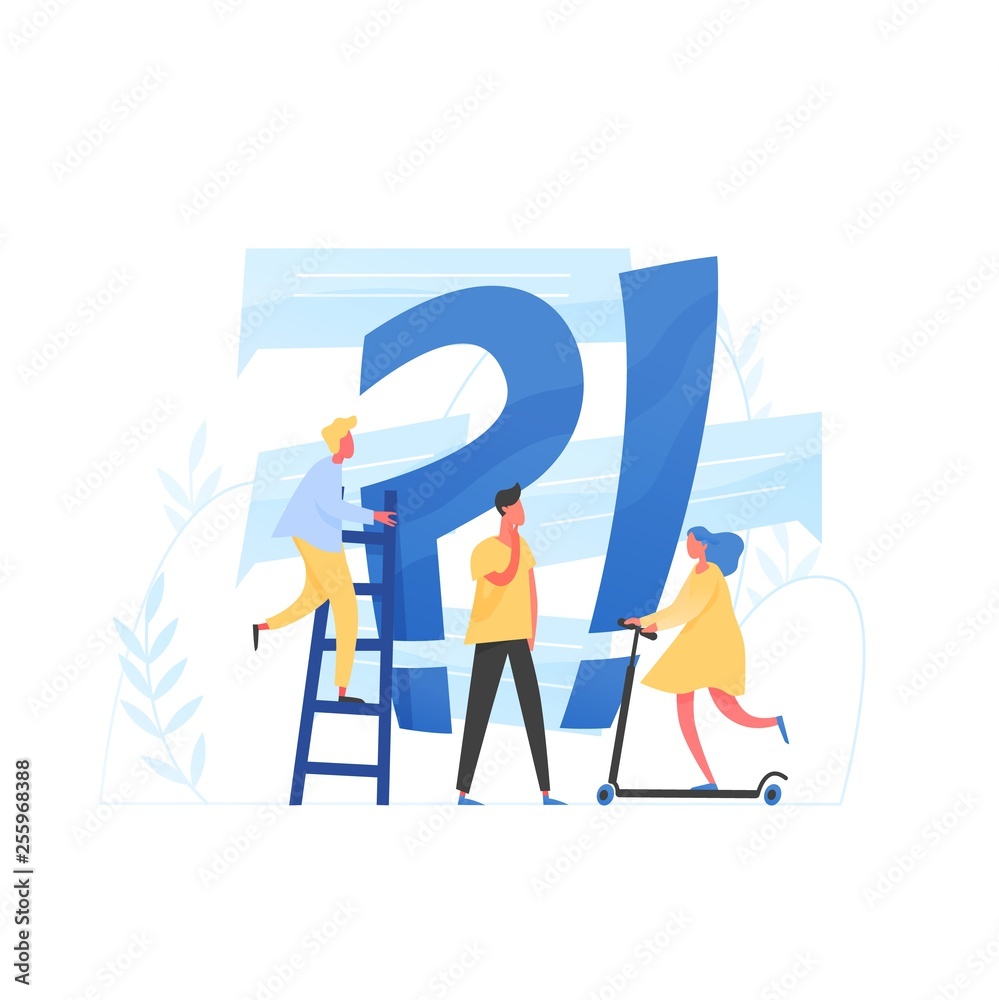 Aufkleber Giant question mark and interrogation point and tiny people. Concept of FAQ, user manual or guide, customer support, search of useful information for problem solving. Flat colored vector illustration.