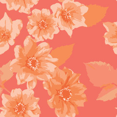 Blooming dahlia seamless pattern. Design of abstract flowers on a coral red. Floral background for textile, fabric, wallpapers, covers, print, decoupage.