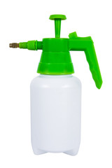 Plastic water sprayer isolated on white background. Green plastic water sprayer with air pump and handle isolated