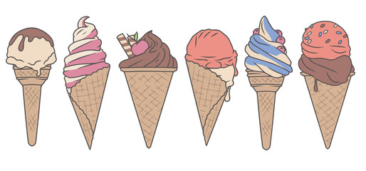 Vector colection set with cute delicious looking cartoon ice cream cones