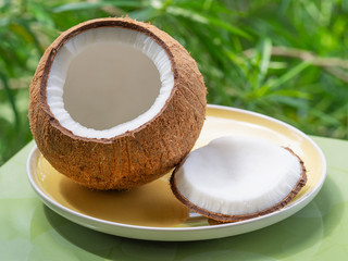 Opened coconut on plate with green background