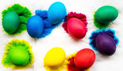Freshly colored Easter eggs on paper napkin.