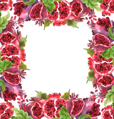 Watercolor frame with juicy and red pomegranates on white background
