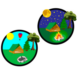 icons which shows the elements of travel day and night with a tent, fire and starry sky.