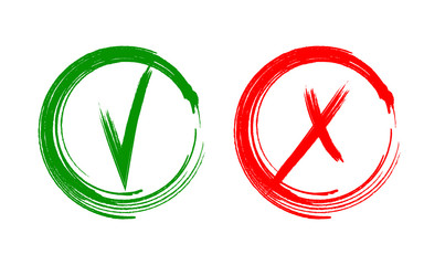 Tick and cross brush signs. Green checkmark OK and red X icons, isolated on white background. Simple marks graphic design. Symbols YES and NO button for vote, decision, web. Vector illustration
