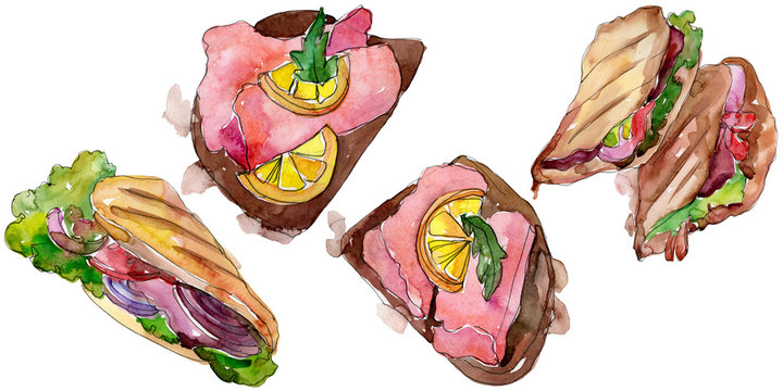 Sandwich in a watercolor style isolated. Watercolour fast food illustration element on white background.