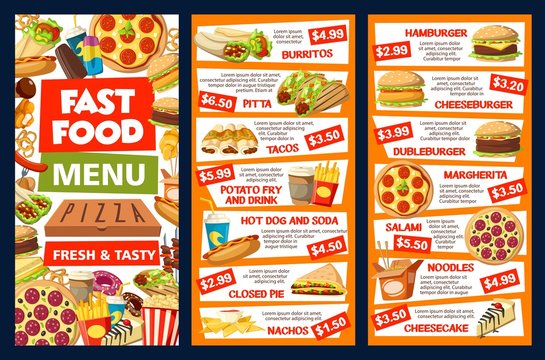Street fast food, takeaway vector menu