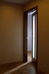 Light from a doorway with open wood doors an interior of appartments
