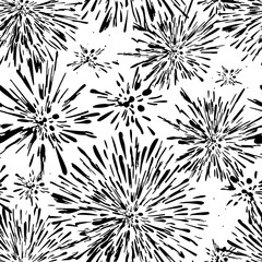 Stencil. Festive fireworks seamless pattern design. Seamless background with abstract spots. Black and white.