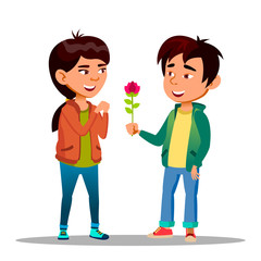 Chinese Boy Gives A Girl Red Peony As Symbol Of Love Vector Flat Cartoon Illustration