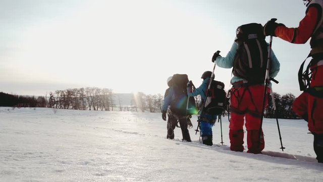 a group of six tourists climbers go one after another, on the trampled path. in the background, a small forest and the setting sun.