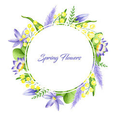 Watercolor border in retro style with violet and  gold spring flowers and leaves. Vintage round shaped frame with organic texture in purple, yellow and green colors isolated on a white background