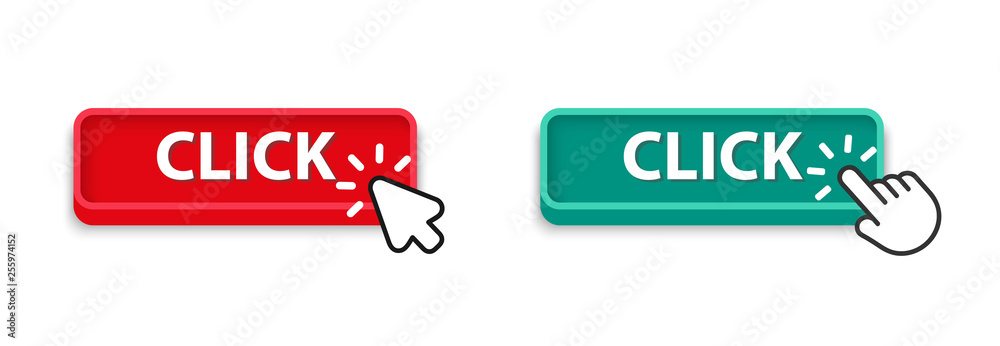 Poster click button with hand pointer and arrow clicking