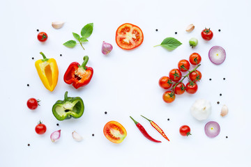 Various fresh vegetables and herbs on white background. Healthy eating concept