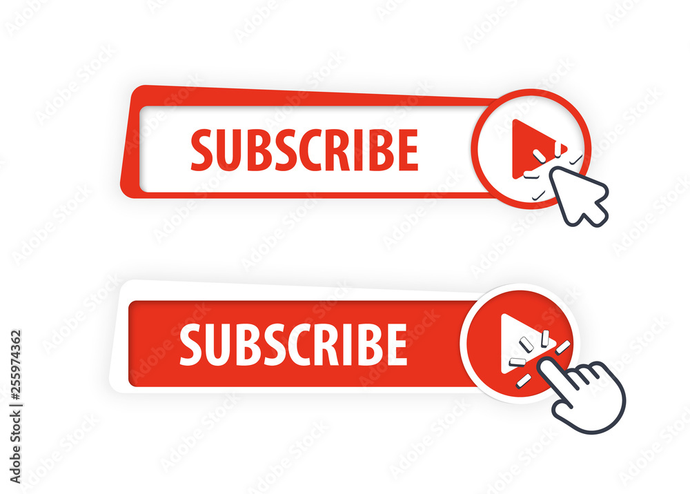 Poster subscribe button icon with hand pointer and arrow clicking. vector button design illustration.