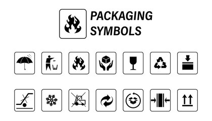 Packaging symbols. Package signs set icons.