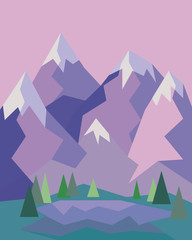 Obraz premium Mountains with a small lake and trees in geometric style