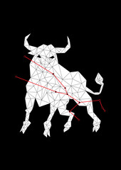 Taurus zodiac black white isolated constellation. Digital horoscope symbol bull for astrology predictions. Zodiacal sign constellation stars. Abstract crystal isolated black mythology animal