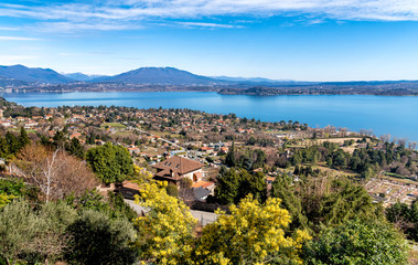 Panoramic view of Lake Maggiore on a clear day, seen from Massino Visconti village over Lesa,...