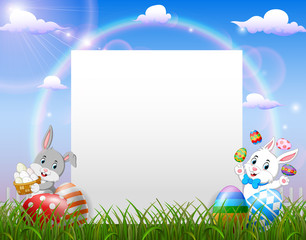 Easter bunny near blank paper and Easter egg