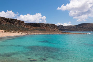 Greek island of Crete. Sea. Sand. Rocks. Mountains.