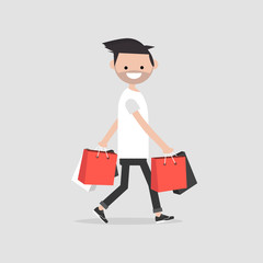 Young character with the shopping bags.Flat cartoon design.Clip art