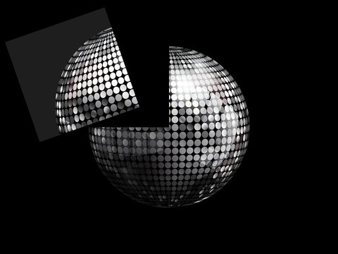 3D disco ball and flying portion panel on black