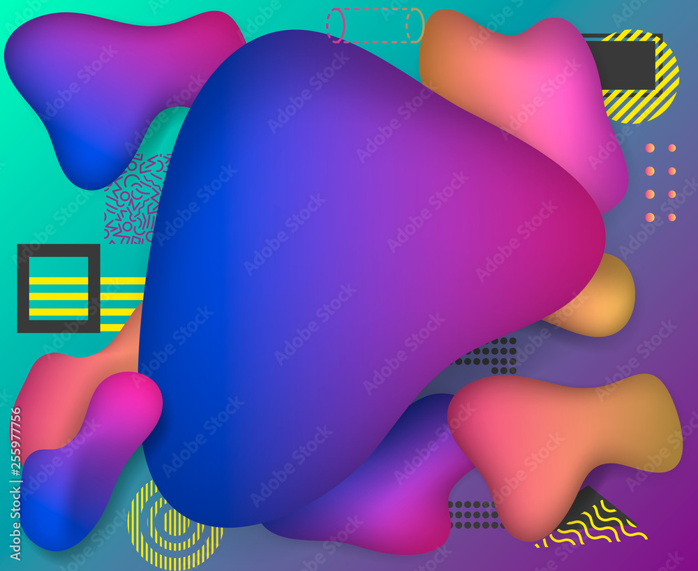 Aufkleber Vector vivid gradient spots with geometric symbols set on isolated background. Abstract elements for trendy vibrant color design. Fluid blots, wavy dops, flowing elements. Plasma splash illustration