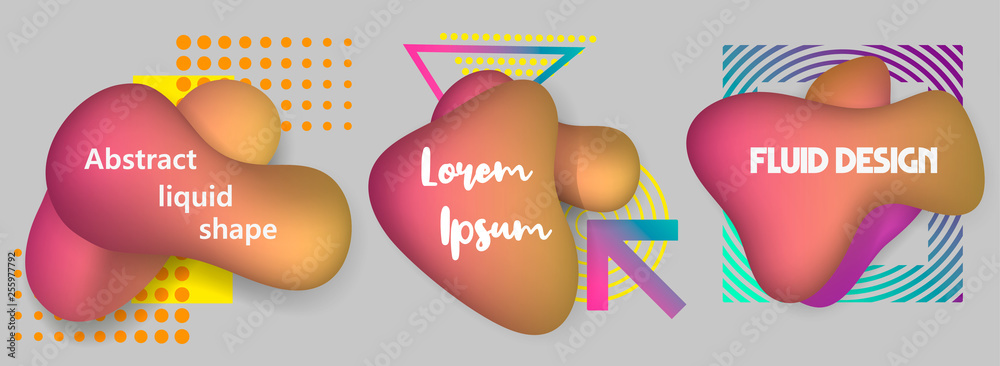 Poster Abstract liquid shape. Fluid design. Isolated gradient waves with geometric lines, dots. Flat geometric liquid shapes with various colors. Vector illustration.