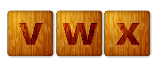 V, W, X blocks wooden icon. Alphabet cubes with letters