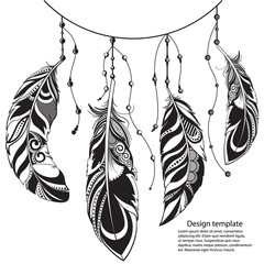 Vintage ethnic hand drawn boho style design with mandala ornament tribal feathers.