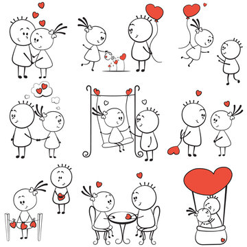 collection cartoon figure lovers in different poses with red heart, stick man