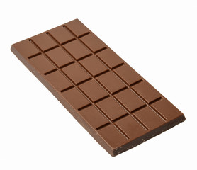 Chocolate bar on white isolated background. Top side view. Diagonally. Close-up.