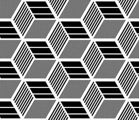 Seamless op art geometric pattern. 3D illusion. Black and white isometric background and texture.