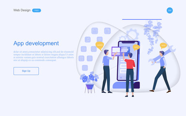 Business concept of web design for teamwork in app development consulting and solutions. Vector illustration.