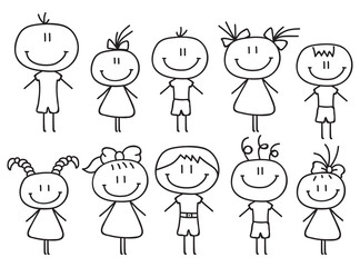 Set of happy cartoon doodle figure family, stick man. Stickman Illustration Featuring a Mother and Father and Kids. Vector Illustration, set of family in stick figures. Hand Drawn.