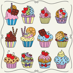 Doodle set of cupcakes. Hand drawn food icons isolated on white background. Sweets doodle set. Hand Drawn elements for cafe and restaurant menu design collection.
