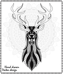 Graphic stylization deer ornamental head over ethnic mandala ornament. Vintage decorative elements for your design. Isolated objects.Oriental pattern