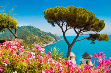 Amalfi Coast with Gulf of Salerno from Villa Rufolo gardens in Ravello, Campania, Italy