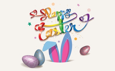 Happy Easter greeting card with Easter bunny in the hole,ribbon in rainbow colors,eggs and confetti isolated on a light background