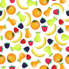Garden and exotic fruits . Ripe berries. Raspberries, blackberries and strawberries. Bananas, pears and oranges.